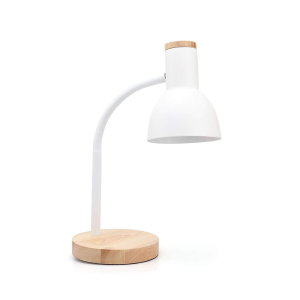 Lámpara de escritorio blanca flexible con base de madera E14